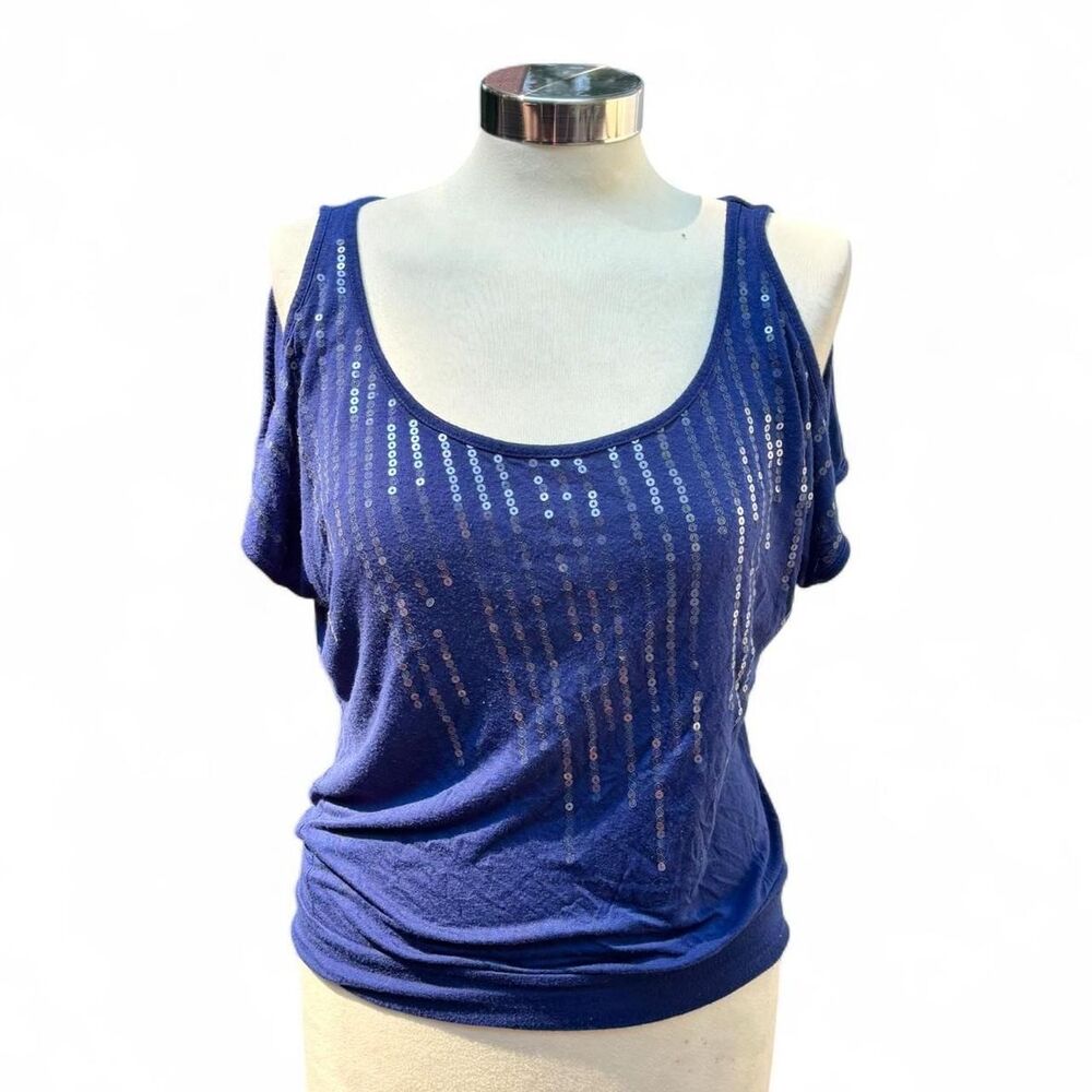 Eyelash Couture Navy Blue Sequin Cold Shoulder Top - Size XS